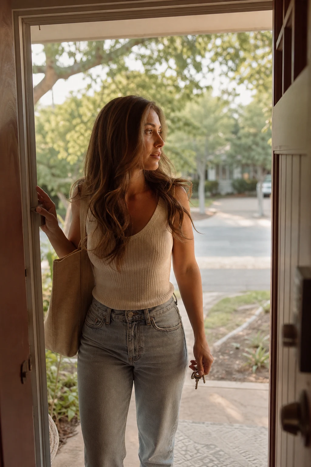 A client stepping out her front door with a finished blowout