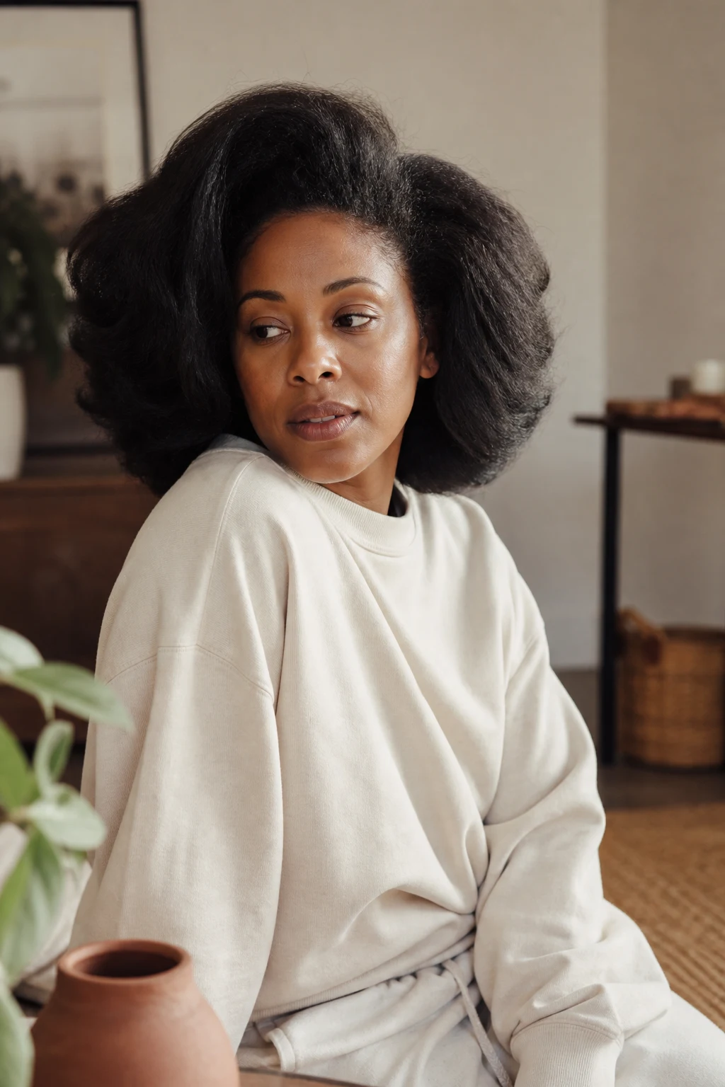 Coily hair styled into a full, rounded blowout