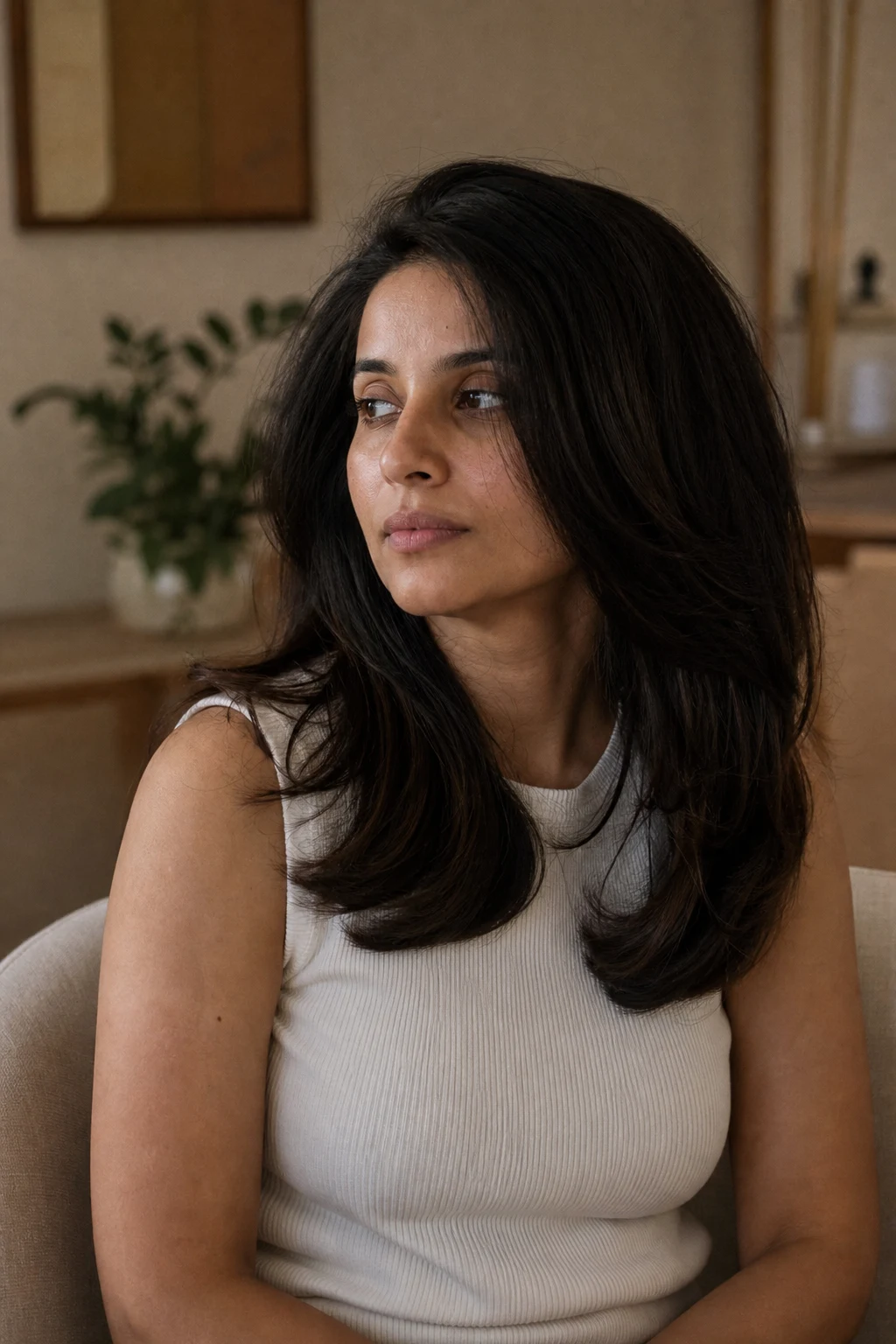 Thick hair smoothed into a glossy blowout